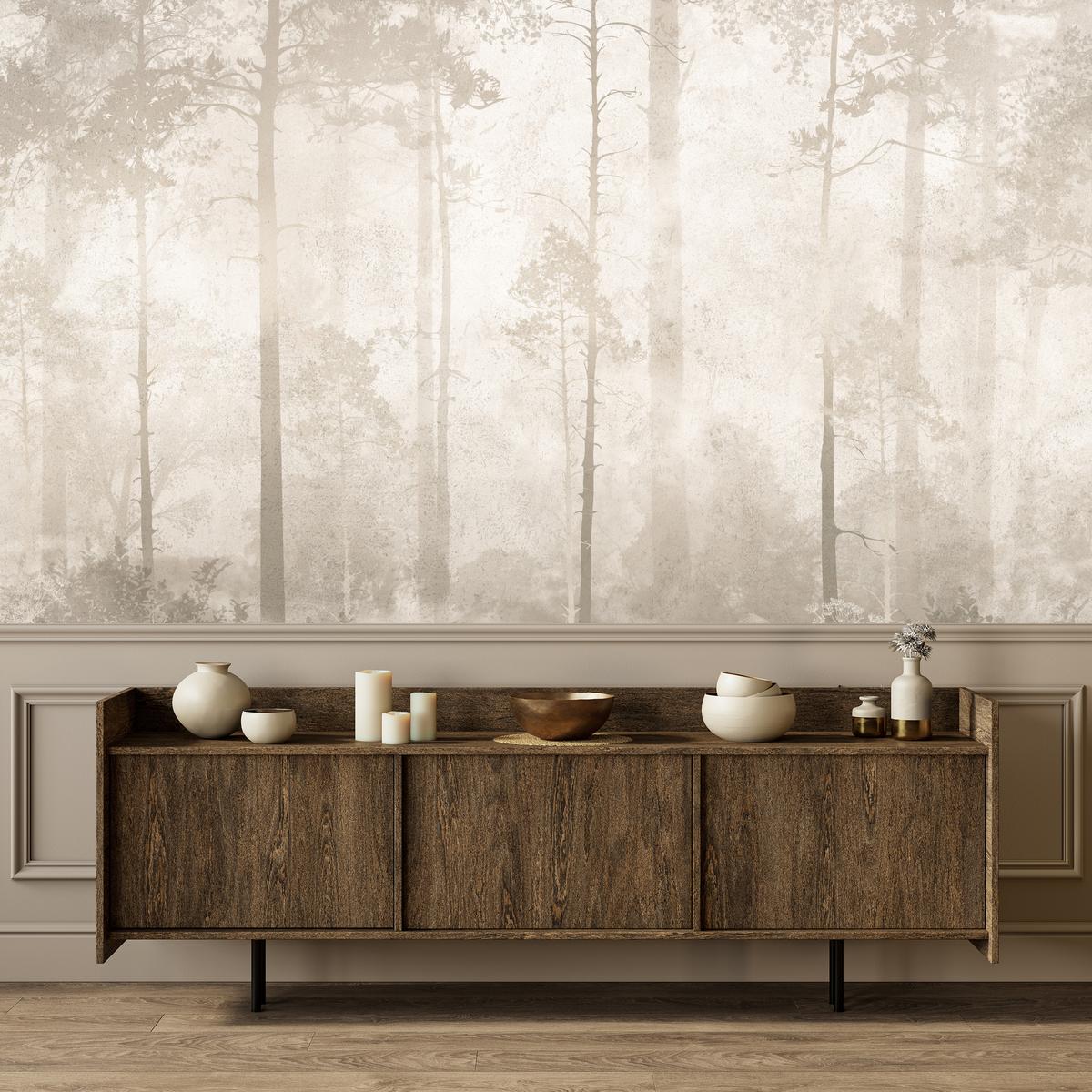 FOTOTAPETE für Wohnzimmer Nebliger Wald Vintage Bäume 350x256 - Beige/Braun, Papier (350/256cm) - Muralo