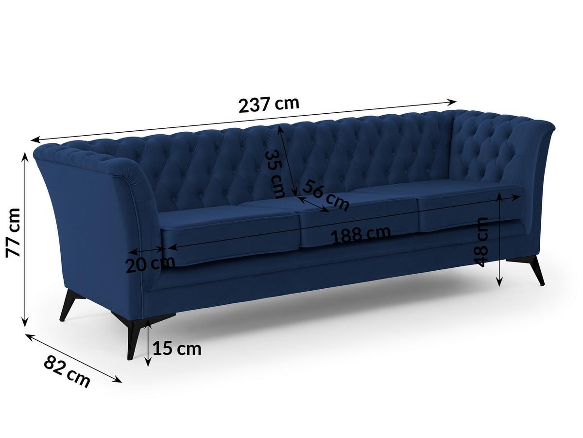 CHESTERFIELD-SOFA 3-sitzer Whitby Marineblau Samt mit schwarzen Füßen - Schwarz/Dunkelblau, Holz/Textil (237/78/82cm) - S-Style Möbel