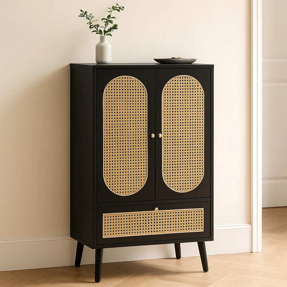 HIGHBOARD Aus Rattan Schwarz 60/40/110,5 cm - Schwarz, Holzwerkstoff/Metall (40/111/60cm) - Urban Meuble