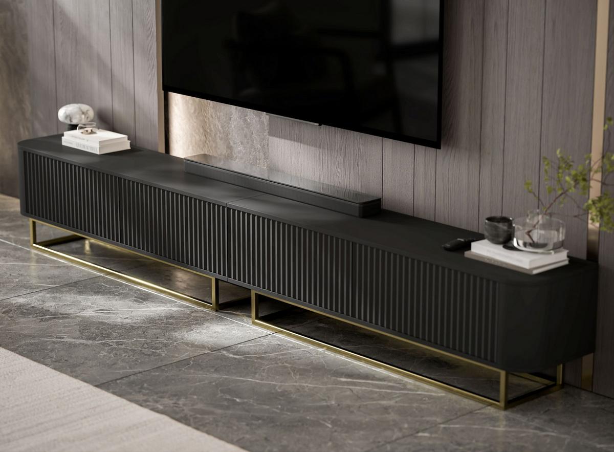 TV-LOWBOARD 2er-Set Aurora Schwarz matt 280 cm mit Metallrahmen - Goldfarben/Schwarz, Holzwerkstoff/Metall (280/44/35cm) - Meble Lindner