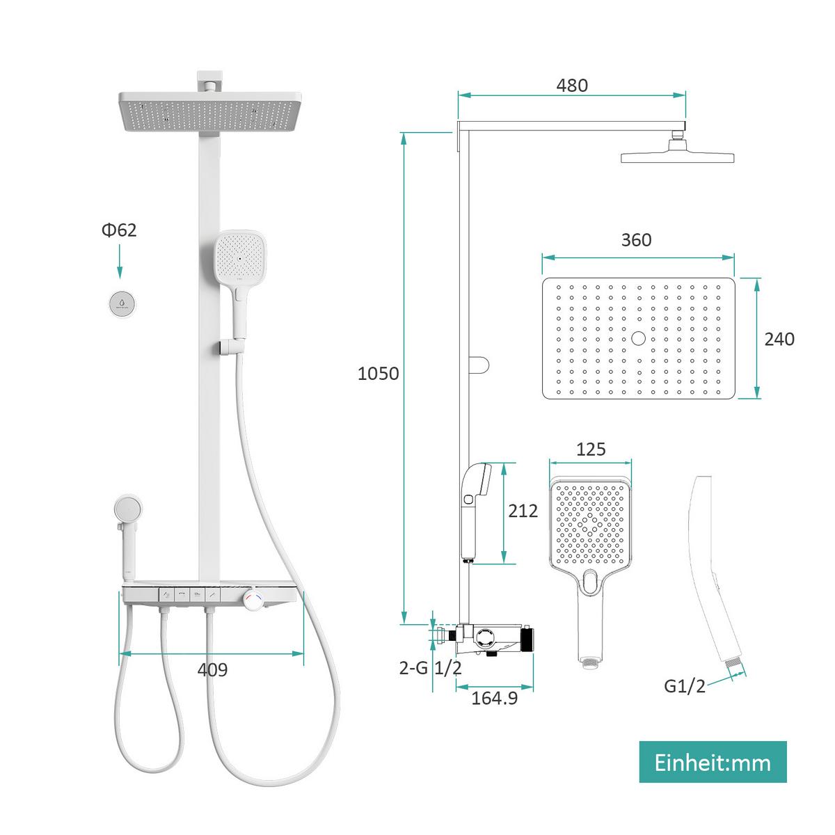ÜBERKOPFBRAUSESET mit Thermostat und 4 Wasserauslässen 40,9/60/105 cm - Weiß, Metall (40/113/58cm) - EMKE