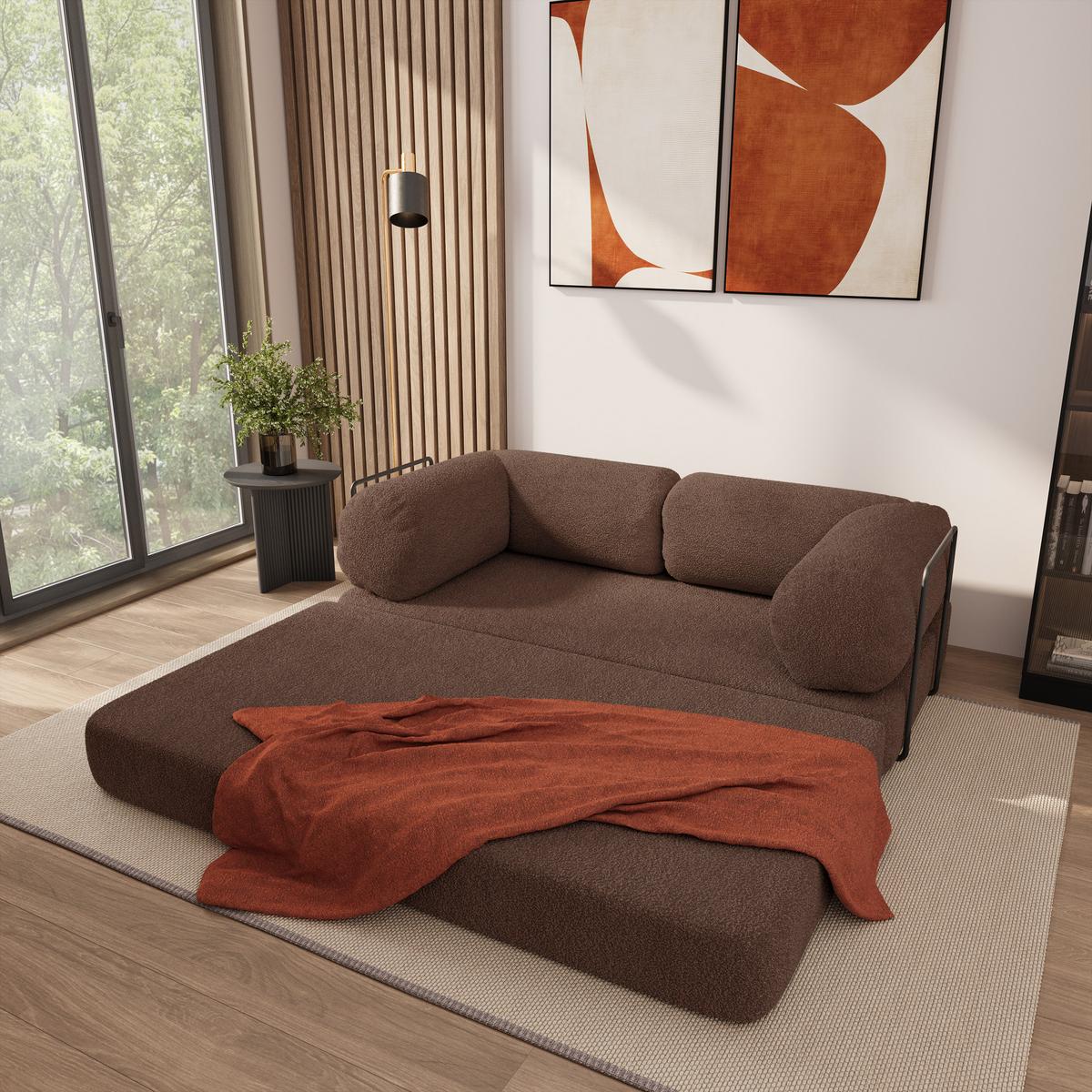 BETTSOFA EIREN aus Schaumstoff Bucle-Stoff Braun Schlaffunktion - Braun, Textil (170/68/80cm) - MASSENO