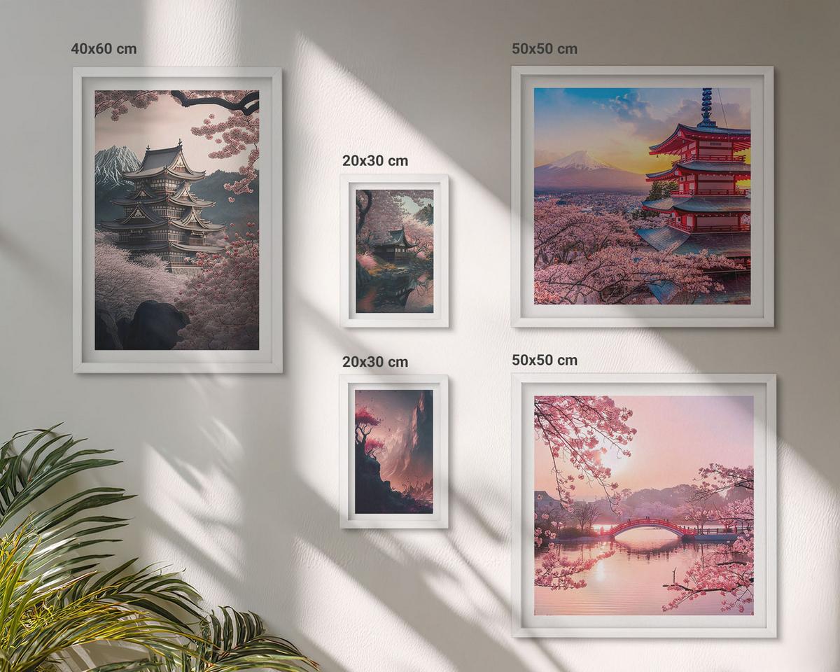 BILDER SET 5er Set - 50x50 cm & 20x30 cm & 40x60 cm Weißer Rahmen - Fantasielandschaften Japans - Weiß, Kunststoff (40/60cm) - TULUP