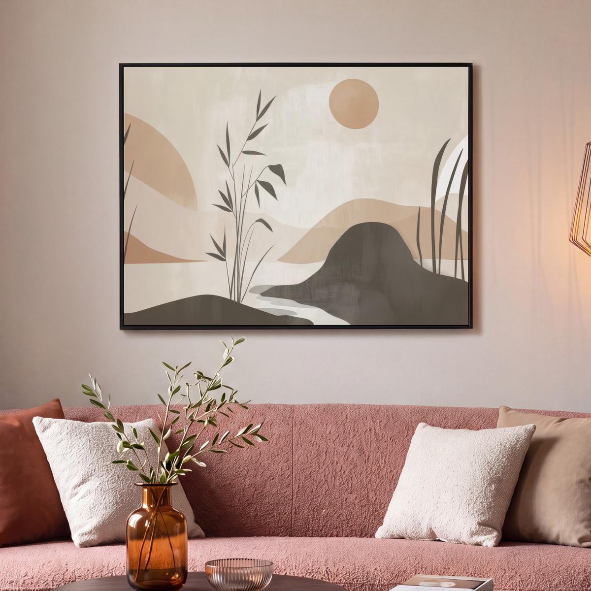 LEINWAND Bilder mit Rahmen - Japandi - Landschaft - Beige - 100x70 - Cognac, Textil (100/70cm) - MuchoWow