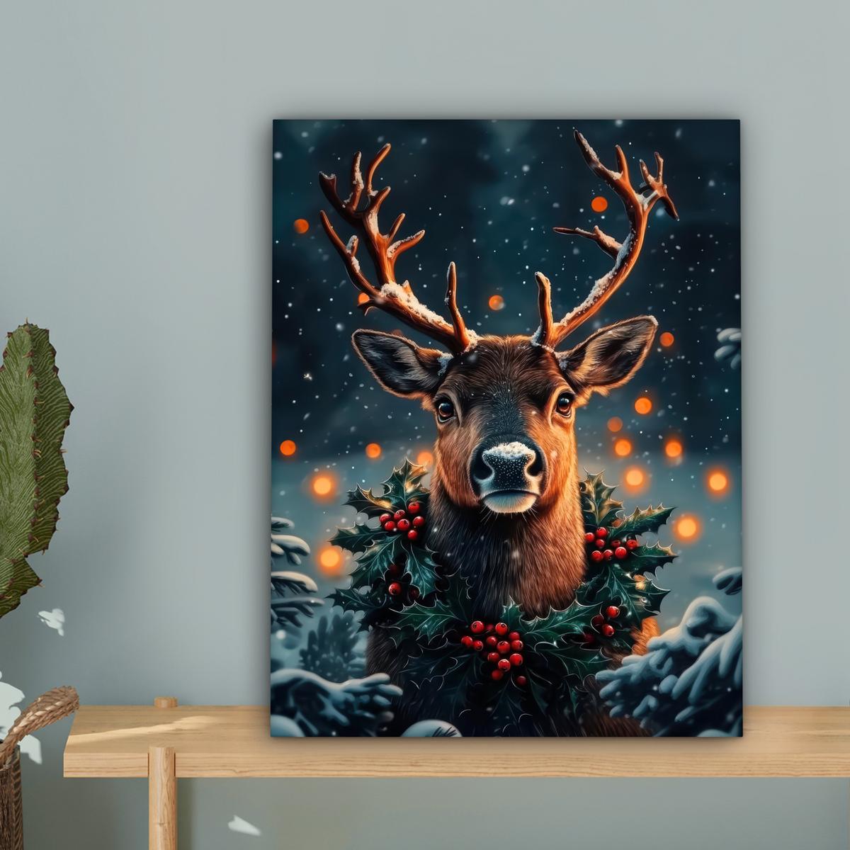 LEINWANDBILD Hirsch - Weihnachten - Winter - Schnee - Weihnachtskranz Room Decor 30x40 cm - Dunkelbraun, Textil (30/40cm) - MuchoWow