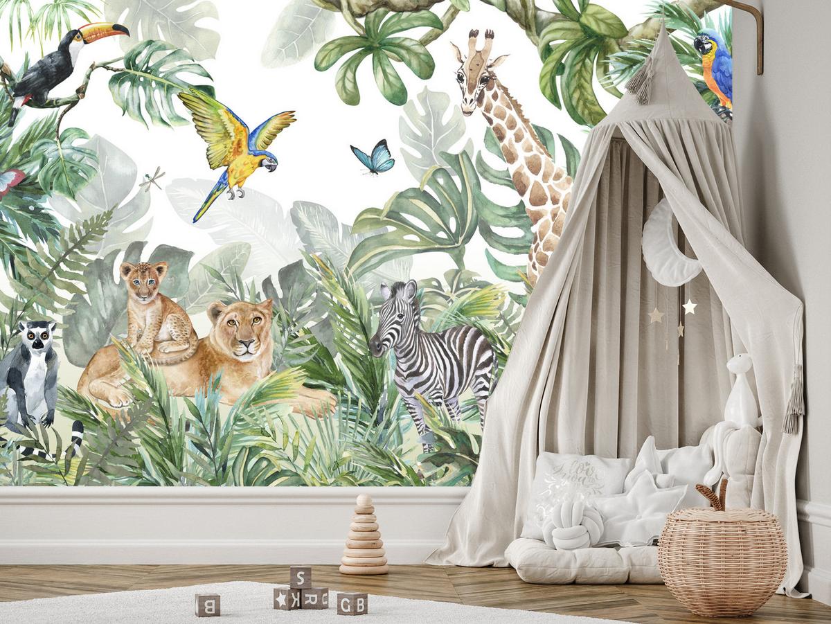 FOTOTAPETE für Kinderzimmer Tropen Dschungel Tiere Palmen Monstera 400x280 - Beige/Orange, Papier (400/280cm) - Muralo