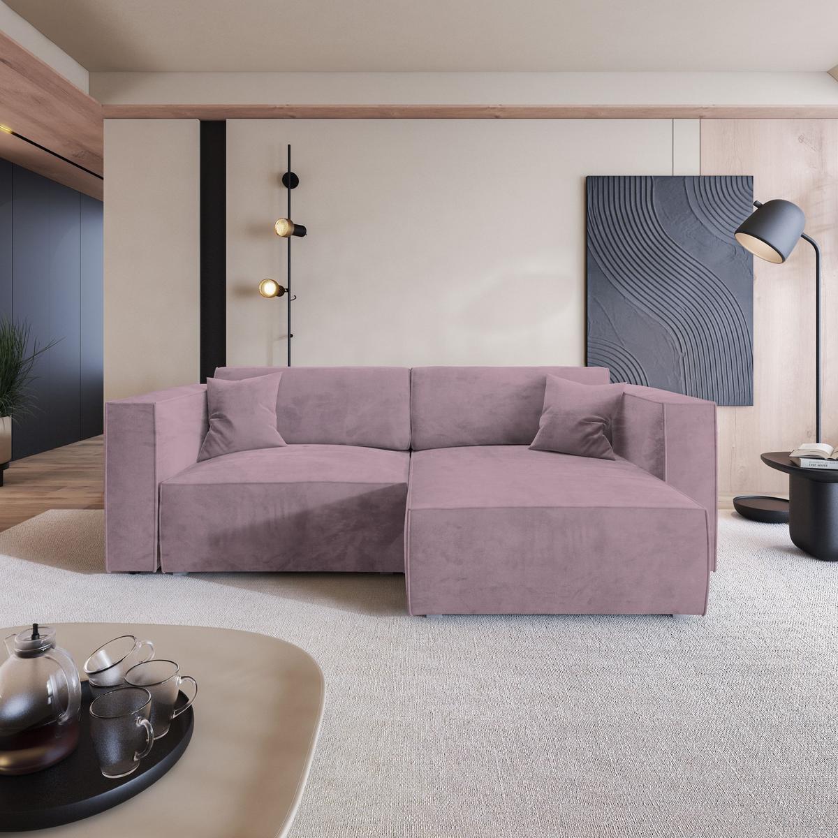 ECKSOFA NERIO M Lila Velours-Stoff mit Schlaffunktion - Lila/Grau, Holz/Kunststoff (245/148cm) - MASSENO