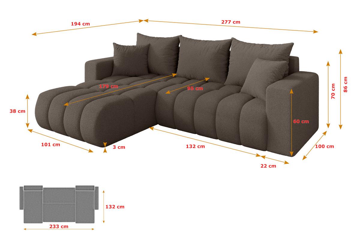 ECKSOFA mit Schlaffunktion Ottomane Links MILA-L-v1 277x195x86 Braun Bouclé - Schwarz/Braun, Holzwerkstoff/Kunststoff (277/194cm) - ALTDECOR