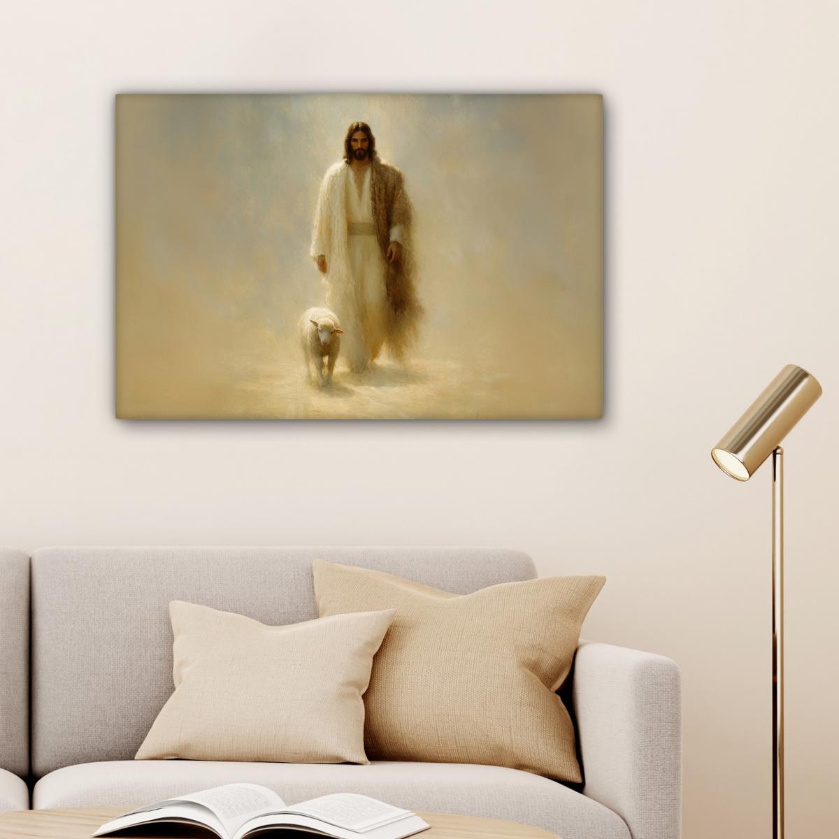 LEINWANDBILD Schaf - Jesus - Pinselstriche - Abstrakt Wanddeko 90x60 cm - Sandfarben, Textil (90/60cm) - MuchoWow
