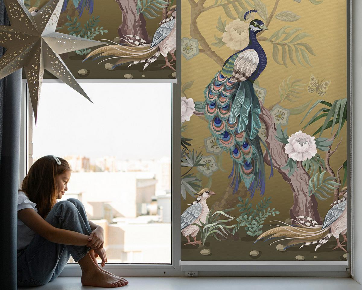 INNENROLLO - Fensterrollo - Rollo - 100x140 cm - Pfau auf einem Baum - Gelb, Kunststoff (100/140/0.5cm) - TULUP