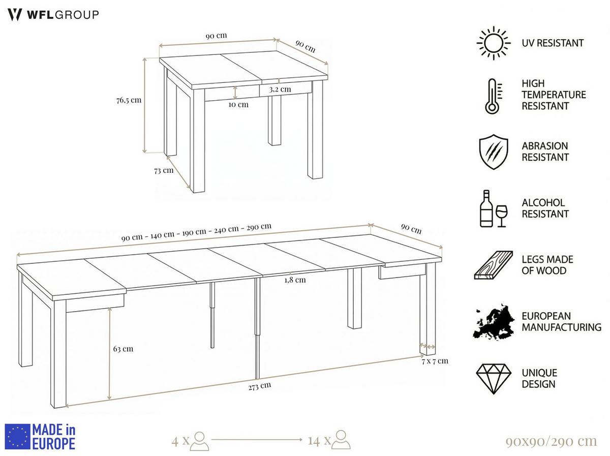 ESSTISCH Toren Weiß ausziehbar verlängerbar quadratisch, Kaschmir 90-290/90/76.5 cm - Kaschmir/Beige, Holz/Holzwerkstoff (90/290/76.5cm) - WFL GROUP