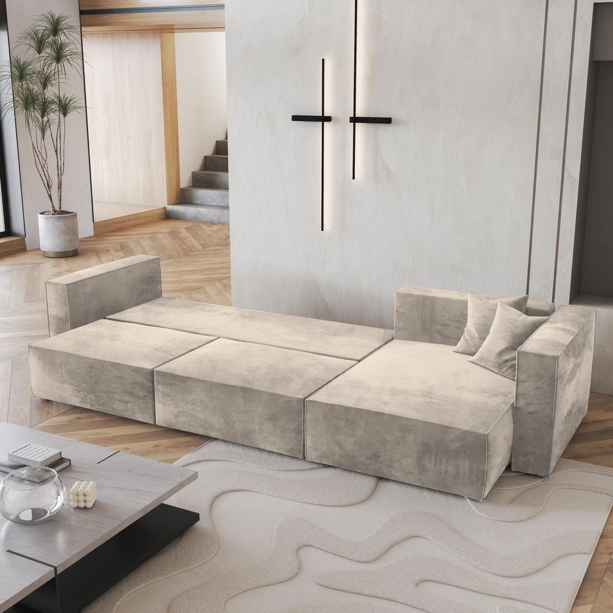 ECKSOFA TOLMO M Creme Velours-Stoff mit Schlaffunktion - Creme/Grau, Holz/Kunststoff (347/148cm) - MASSENO