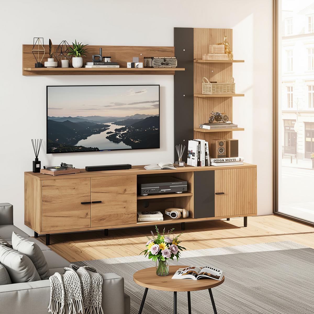 TV LOWBOARD set holz schwarz modern stauraum - Naturfarben, Holzwerkstoff (187.5/167/40cm) - Urban Meuble