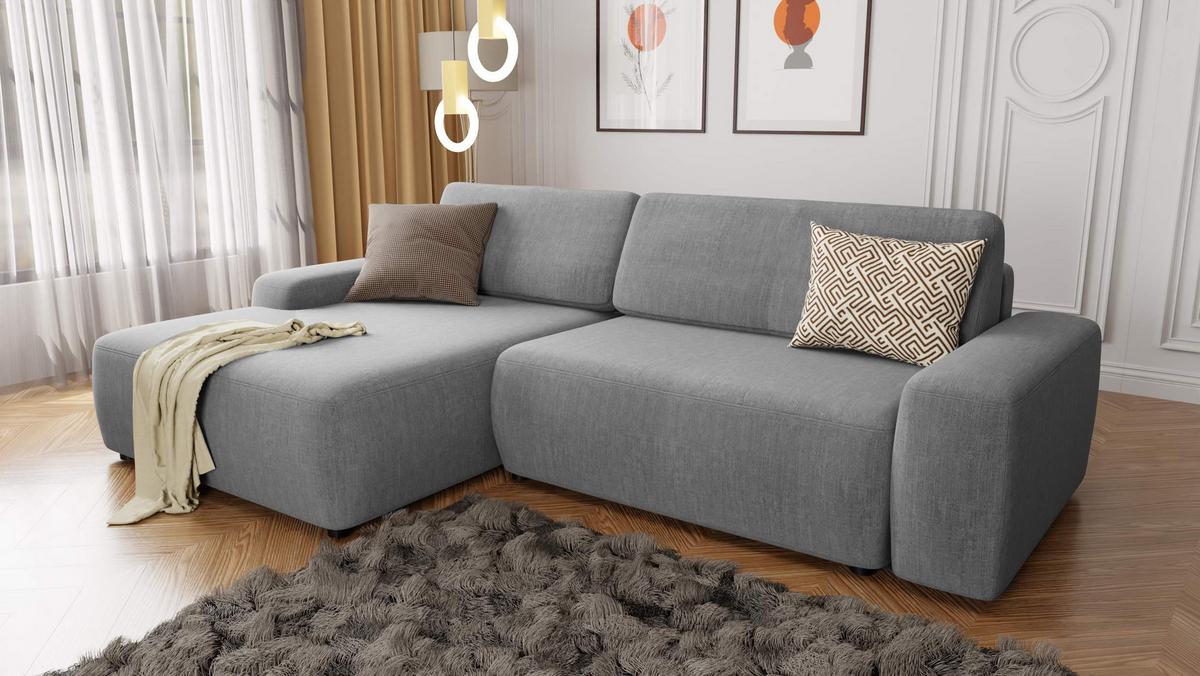 ECKSOFA Lopez Hellgrau Samt-Stoff - Hellgrau/Schwarz, Holz/Kunststoff (264/162cm) - S-Style