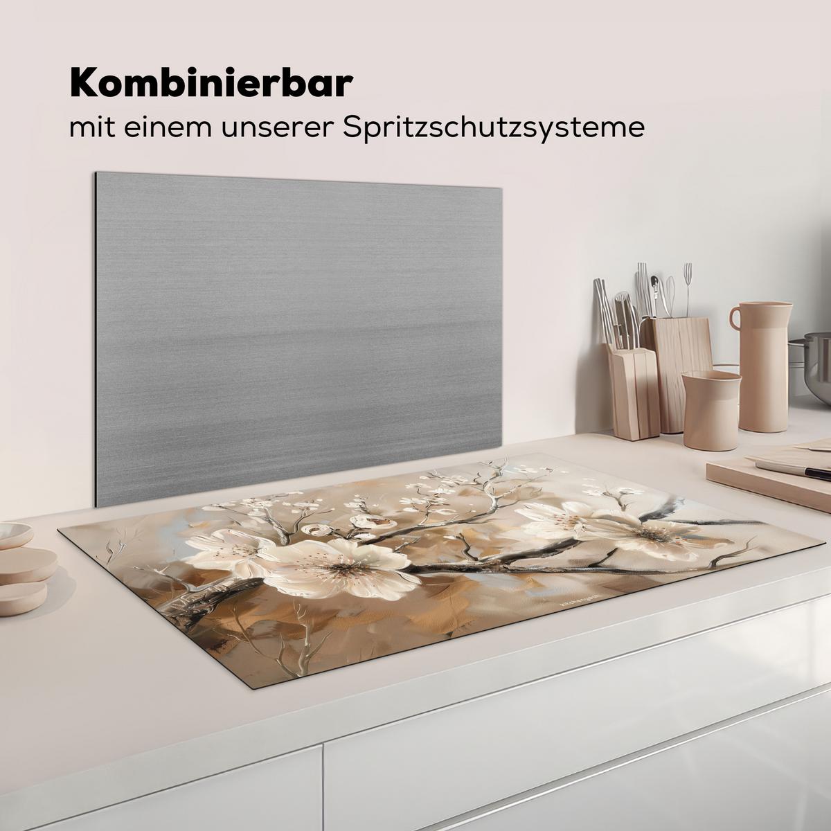 HERDABDECKPLATTE Blumen - Abstrakt - Gemalt - Beige Induktionsschutz 91.2x52 cm - Kaschmir, Kunststoff (91.2/52/0.2cm) - MuchoWow