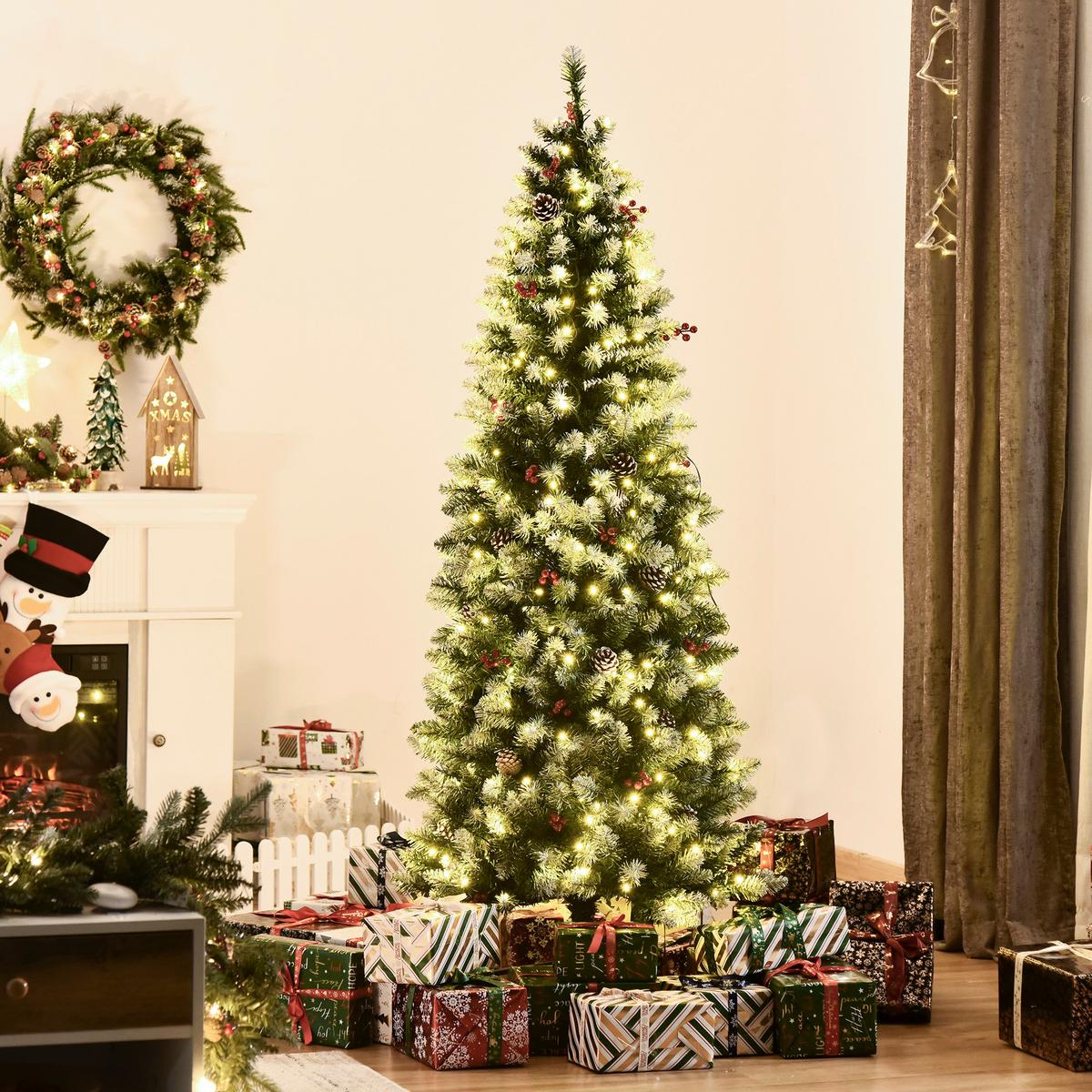 WEIHNACHTSBAUM 1,8 m Christbaum 618Zweige mit LED-Lichter Beeren PVC Grün+Weiß - Multicolor, Kunststoff (180cm) - HOMCOM