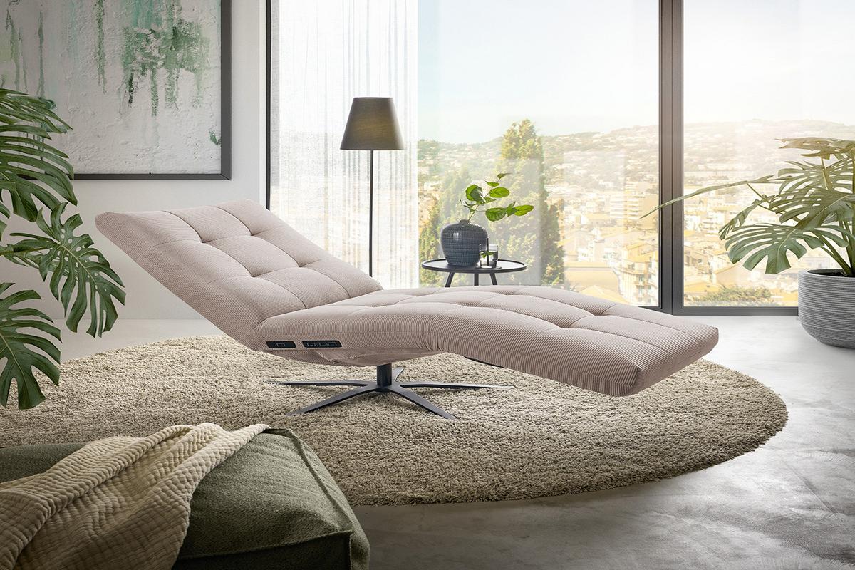 RELAXLIEGE LETICIA Beige Cord Drehbar (360°), Relaxfunktion - Beige/Schwarz, Textil/Metall (82/115/156cm) - KAWOLA