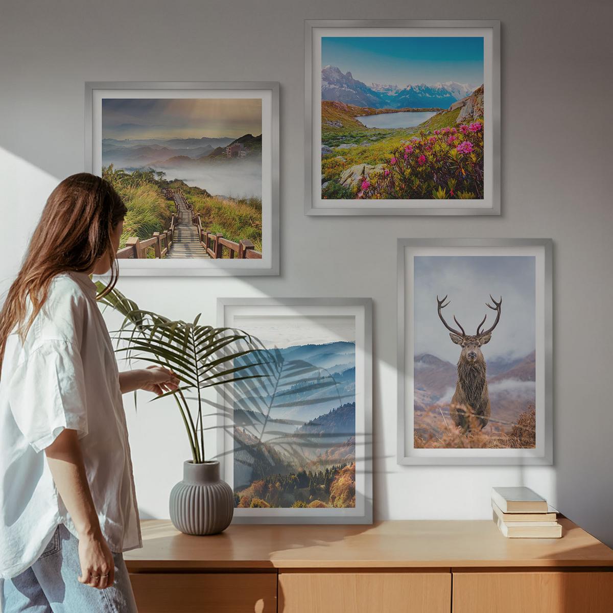 BILDER SET 4er Set - 50x50 cm & 40x60 cm Silberner Rahmen - Berglandschaft, See, Hirsche - Silberfarben, Kunststoff (50/50cm) - TULUP