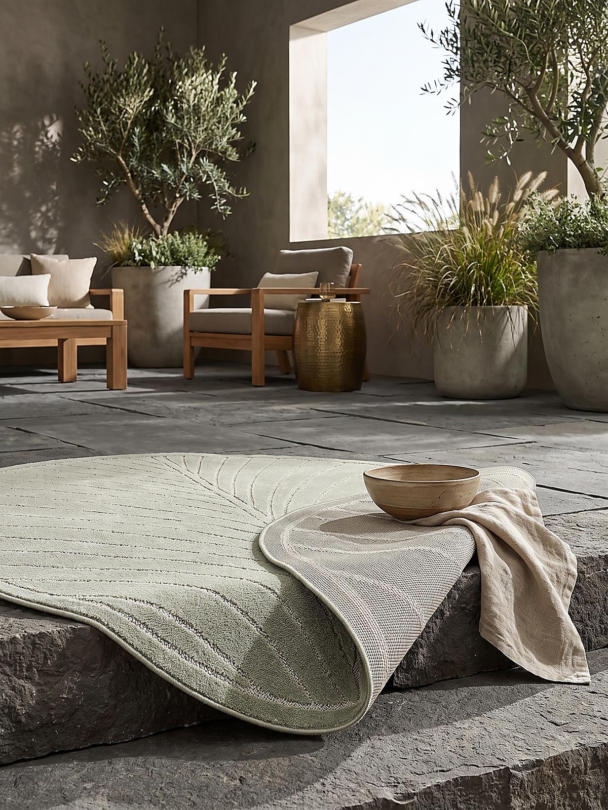 TEPPICH Outdoor, Fußbodenheizung-geeignet, mit Blattmotiv, aus Polypropylen, ENGADIN in Salbeigrün, Ø 120 cm - Grün, Textil (120/120cm) - KADIMA DESIGN