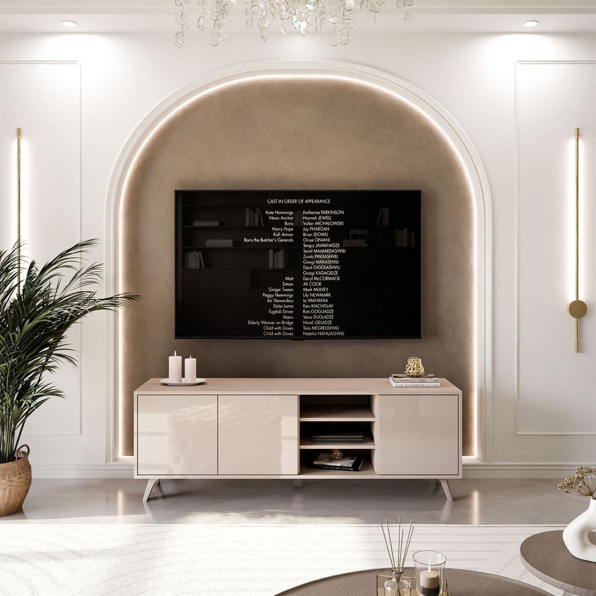 TV-SCHRANK SANAYI mit hohen Kunststoffbeinen Kaschmir Hochglanz - Beige, Holzwerkstoff (156/54/38cm) - Lookway
