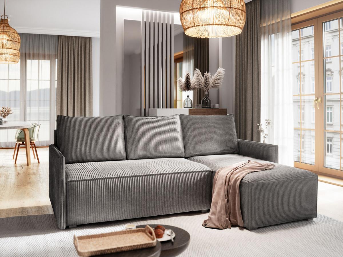 ECKSOFA PERUSI Grau Kordstoff mit Schlaffunktion - Grau, Holz/Kunststoff (206/143cm) - MASSENO