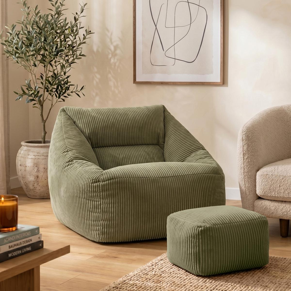 SITZSACK Cord Sessel Natalia mit Hocker - Salbeigrün, Textil (97/73/84cm) - icon