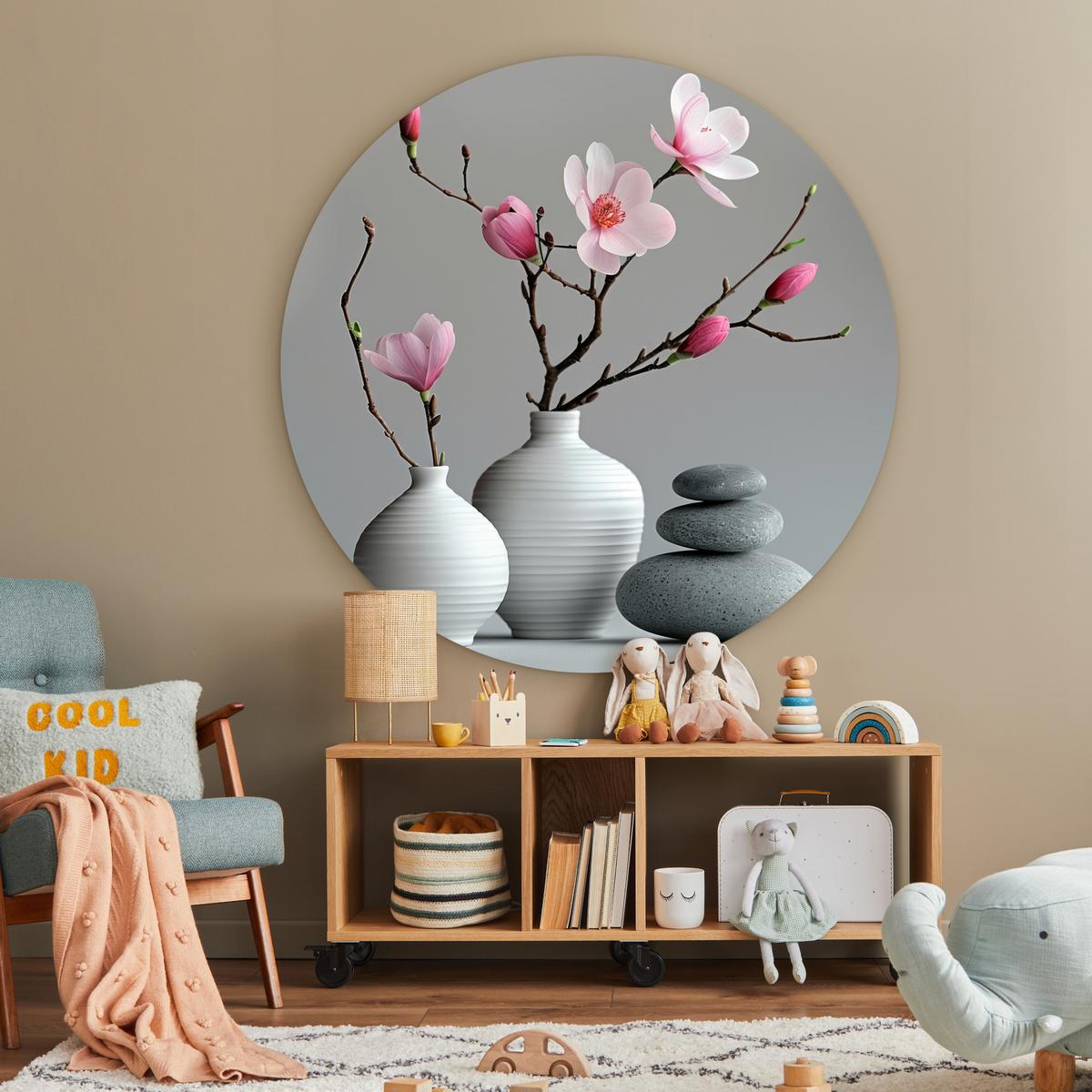WANDBILD Magnolie - Blumen - Rosa - Zen-Steine Wandbild 120x120 cm - Hellgrau, Kunststoff (120/120cm) - MuchoWow