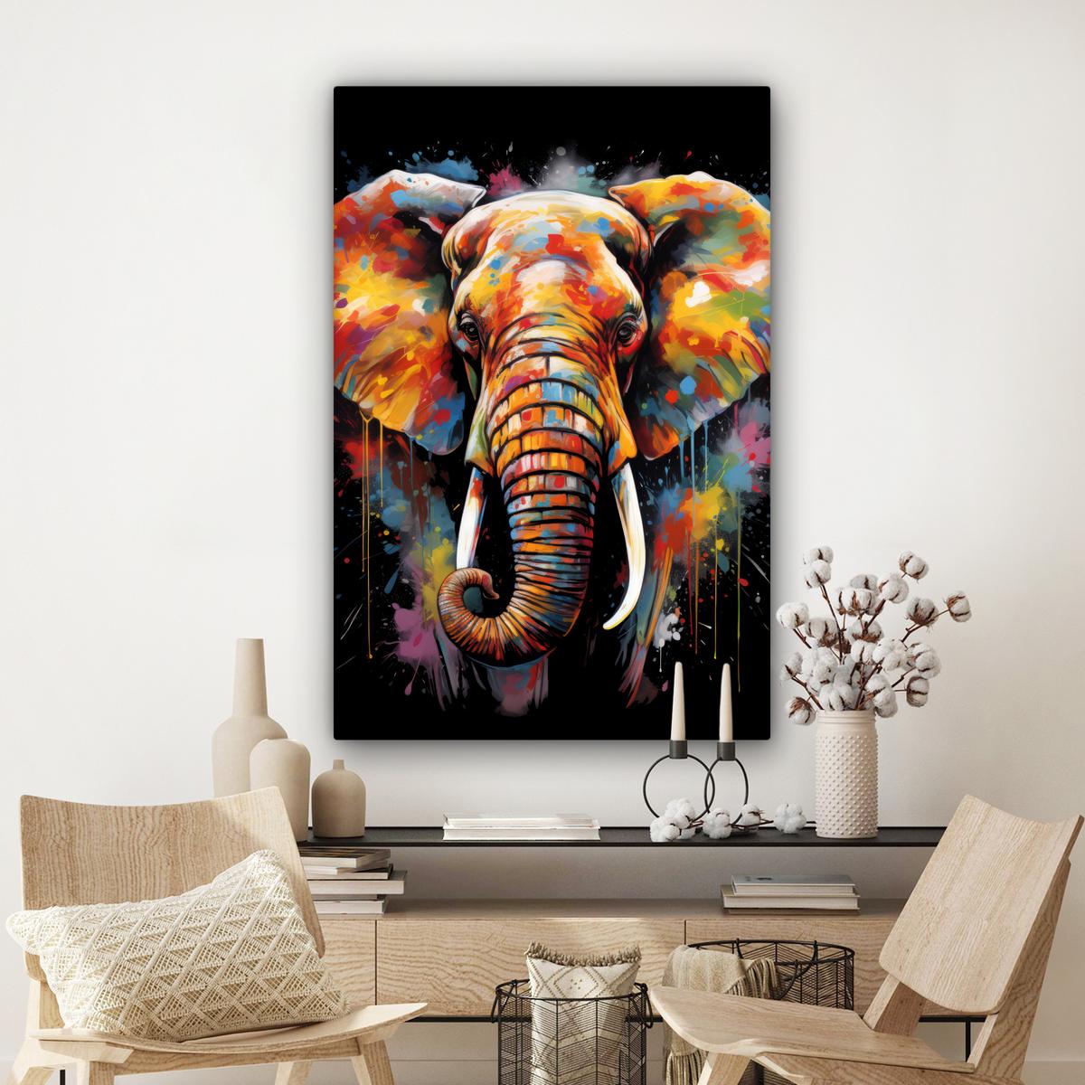 LEINWANDBILD Elefant - Graffiti - Schwarz - Tiere - Farben Deko XXL 80x120 cm - Schwarz, Textil (80/120cm) - MuchoWow