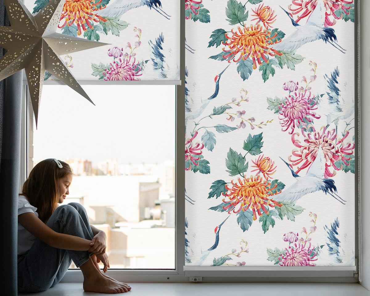 INNENROLLO - Fensterrollo - Rollo - 110x140 cm - Reiher und Blume - Grün, Kunststoff (110/140/0.5cm) - TULUP