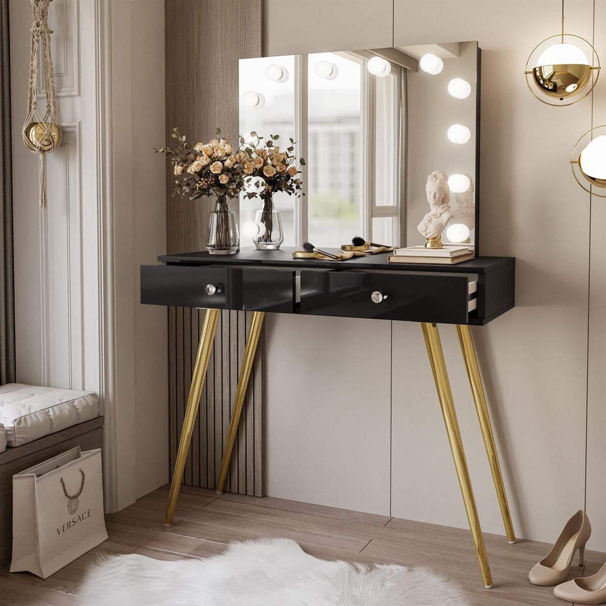 SCHMINKTISCH SIENNA GOLD ELITE mit Spiegel - Schwarz Hochglanz/Goldfarben, Holzwerkstoff (100/81/42cm)