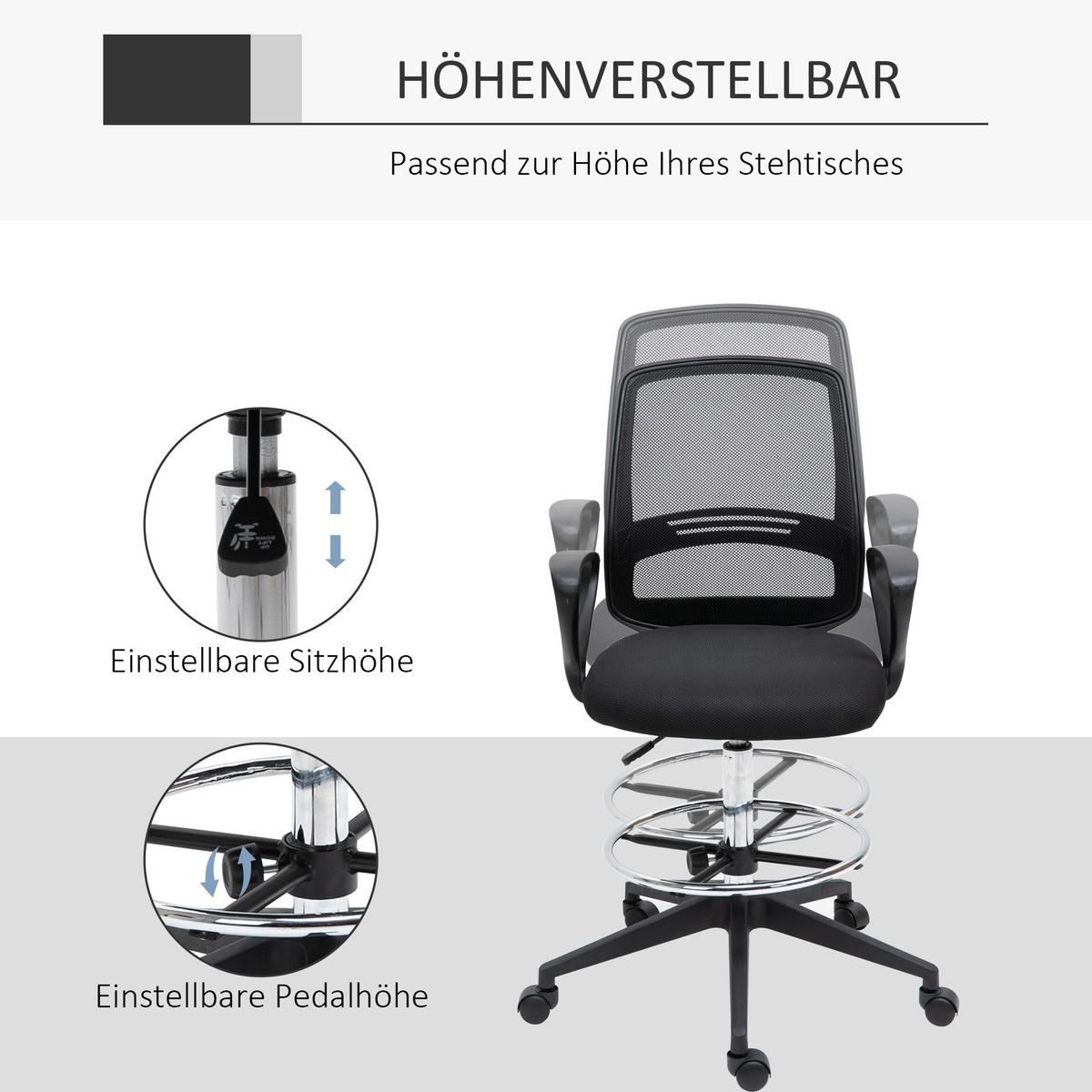 ARBEITSSTUHL Ergonomischer Drehstuhl Bürostuhl höhenverstellbar mit Fußstütze - Schwarz, Textil (66/120/68cm) - Vinsetto