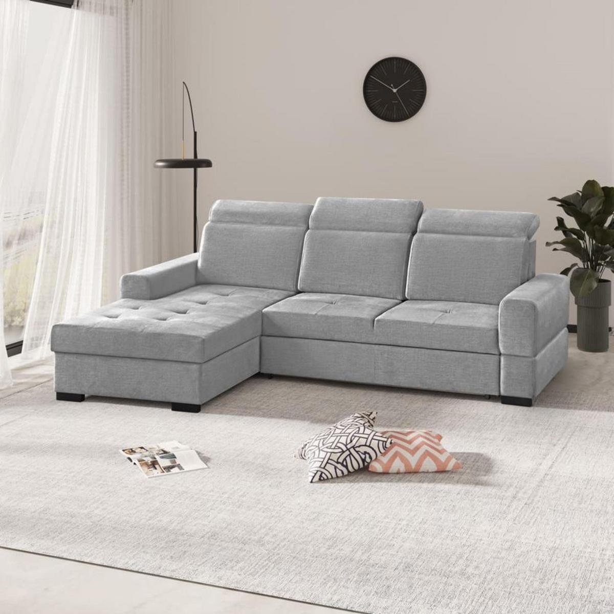 ECKSCHLAFSOFA Alex Mini hellgrau links - Hellgrau/Schwarz, Textil (245/185cm) - Beautysofa