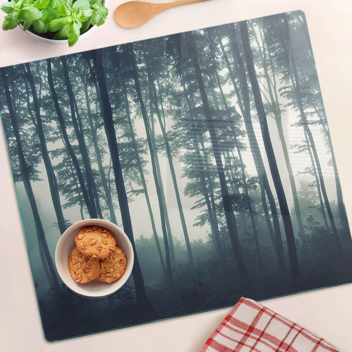 GLASPLATTE 60x52 cm Wald im Nebel - Schwarz, Glas (60/0.4/52cm) - TULUP