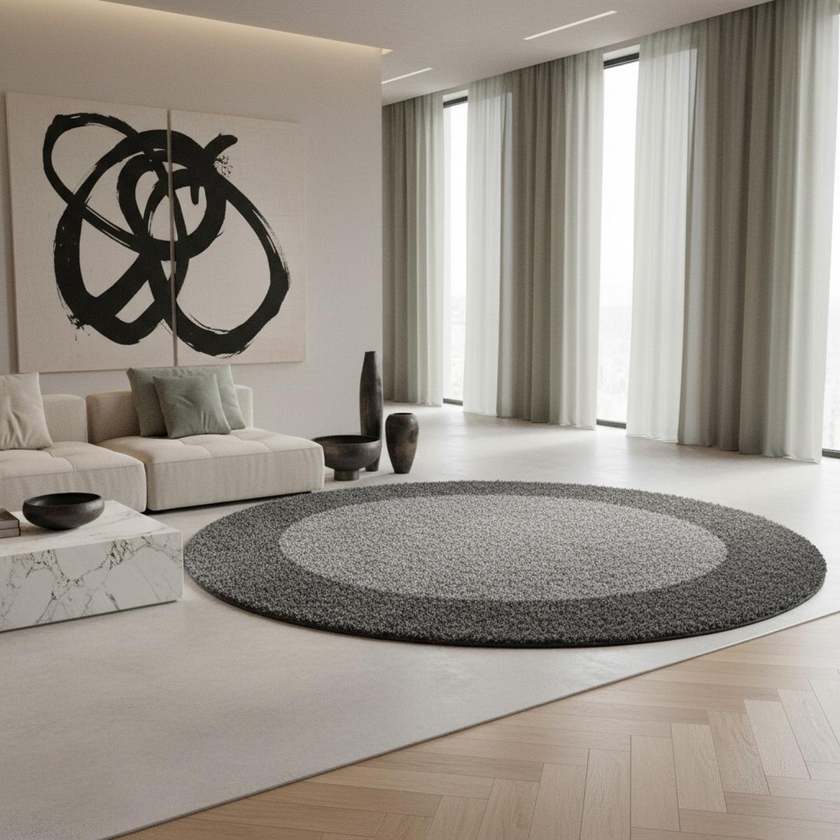 HOCHFLORTEPPICH RHEIN, mit Bordüre, Grau, Ø 200 cm - Grau, Textil (200/200cm) - KADIMA DESIGN