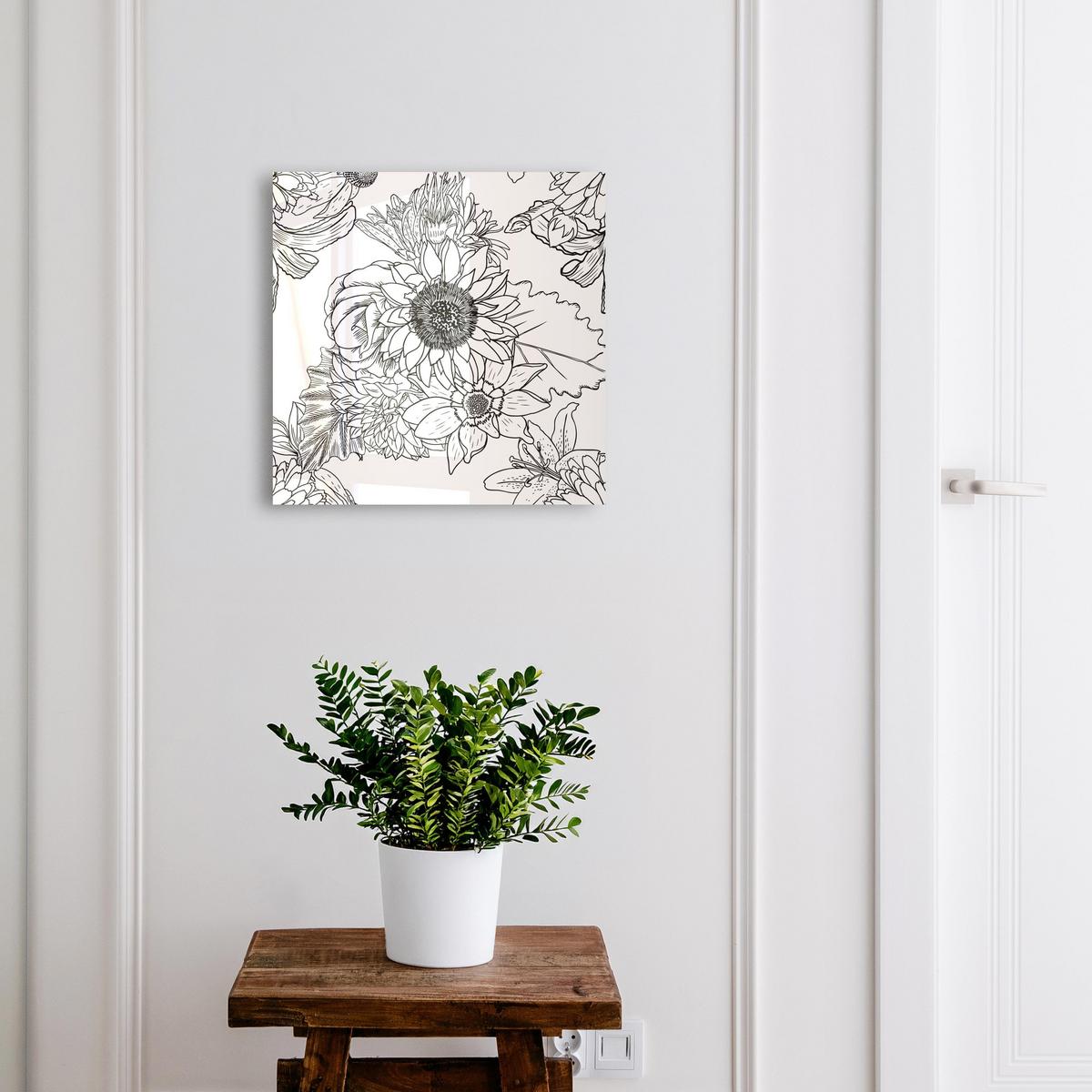 SCHLÜSSELBOX Schwarz 30x30 cm- Türöffnung nach rechts - Schwarz-weiße Blüten - Multicolor, Metall (30/30/5cm) - TULUP