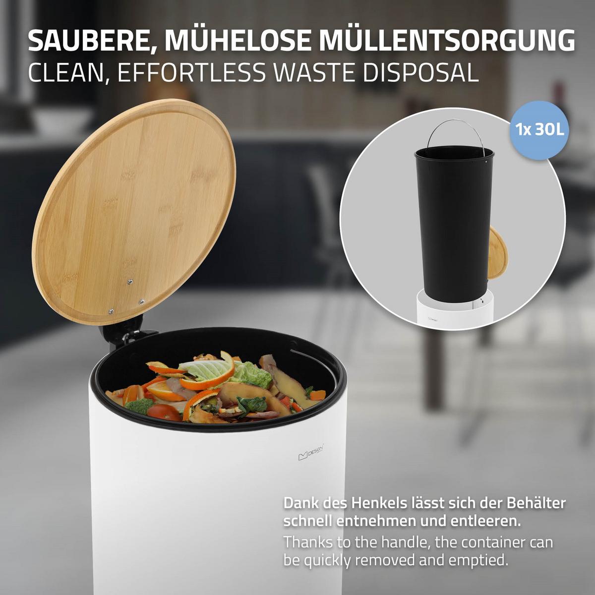 MÜLLEIMER 30L mit Fußpedal und Bambusdeckel Rund Weiß aus Stahl - Weiß, Metall (29/62.5/37cm) - ML-DESIGN
