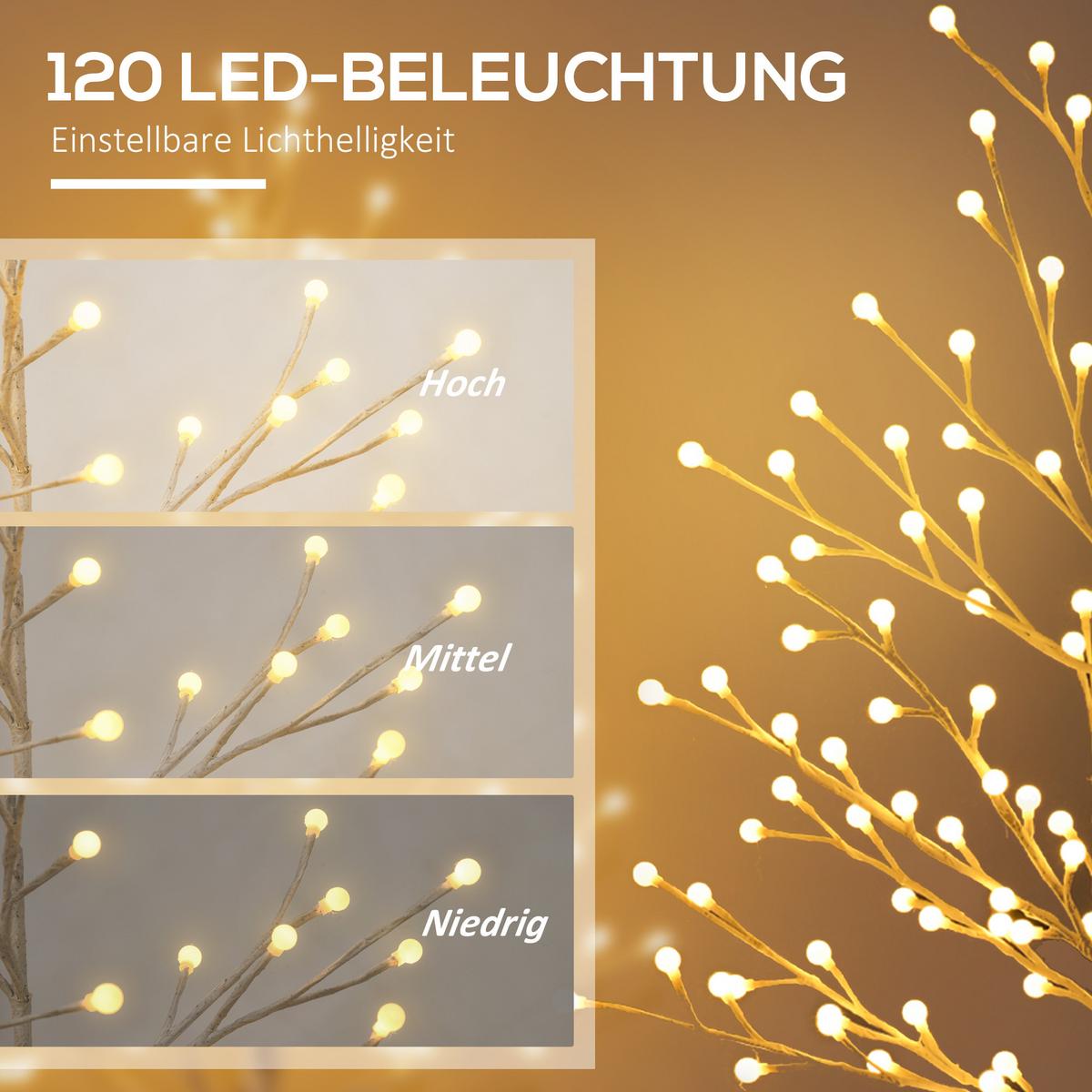 150 cm Lichterbaum, Birkenbaum mit 120 Warmweiß 3 Helligkeitsstufen LED IP44 - Weiß, Kunststoff (20/150/20cm) - HOMCOM