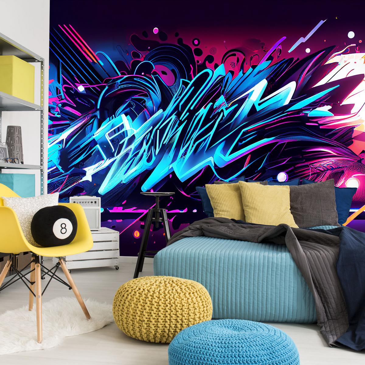 FOTOTAPETE für Jugendzimmer Neon Graffiti Schriften 300x210 - Blau/Gelb, Papier (300/210cm) - Muralo