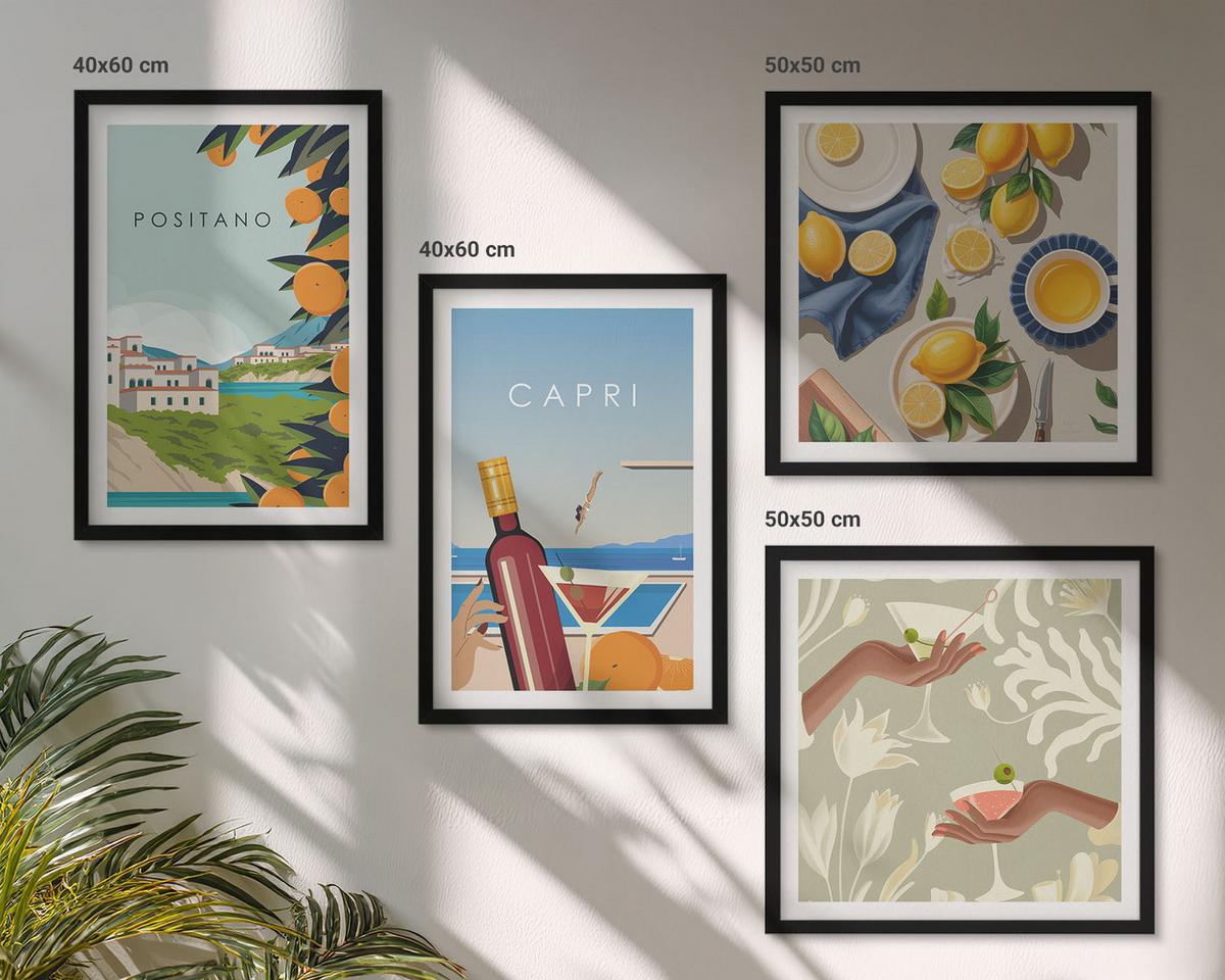 BILDER SET 4er Set - 50x50 cm & 40x60 cm Schwarzer Rahmen - Italienische Zitronenurlaube Capri - Schwarz, Kunststoff (50/50cm) - TULUP