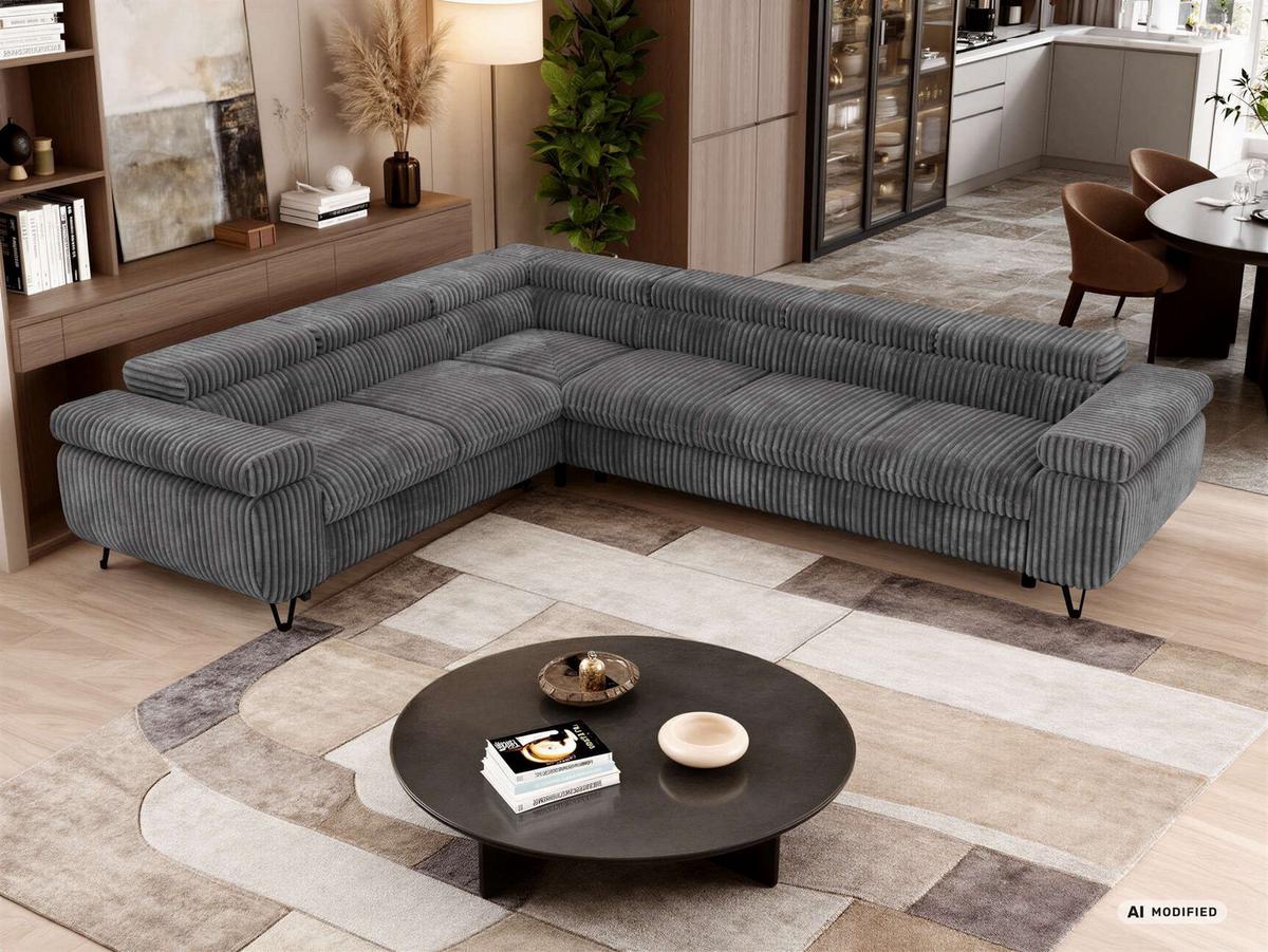 ECKSOFA NORDEN L - Grau Cord - Rechts Seite - Schwarz/Grau, Textil/Metall (329/269cm) - MKS
