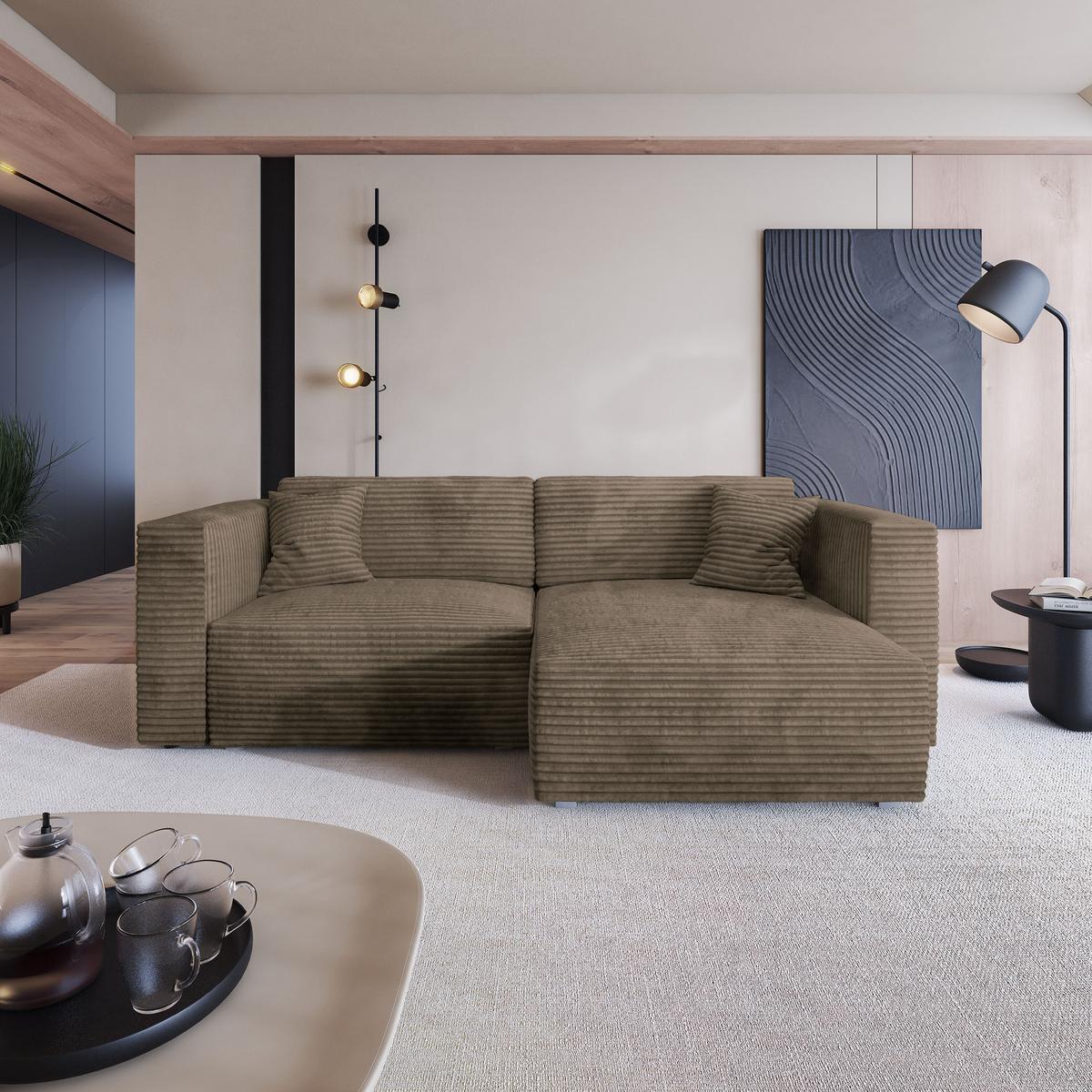 ECKSOFA NERIO Beige Kordstoff mit Schlaffunktion - Beige, Holz (245/148cm) - MASSENO