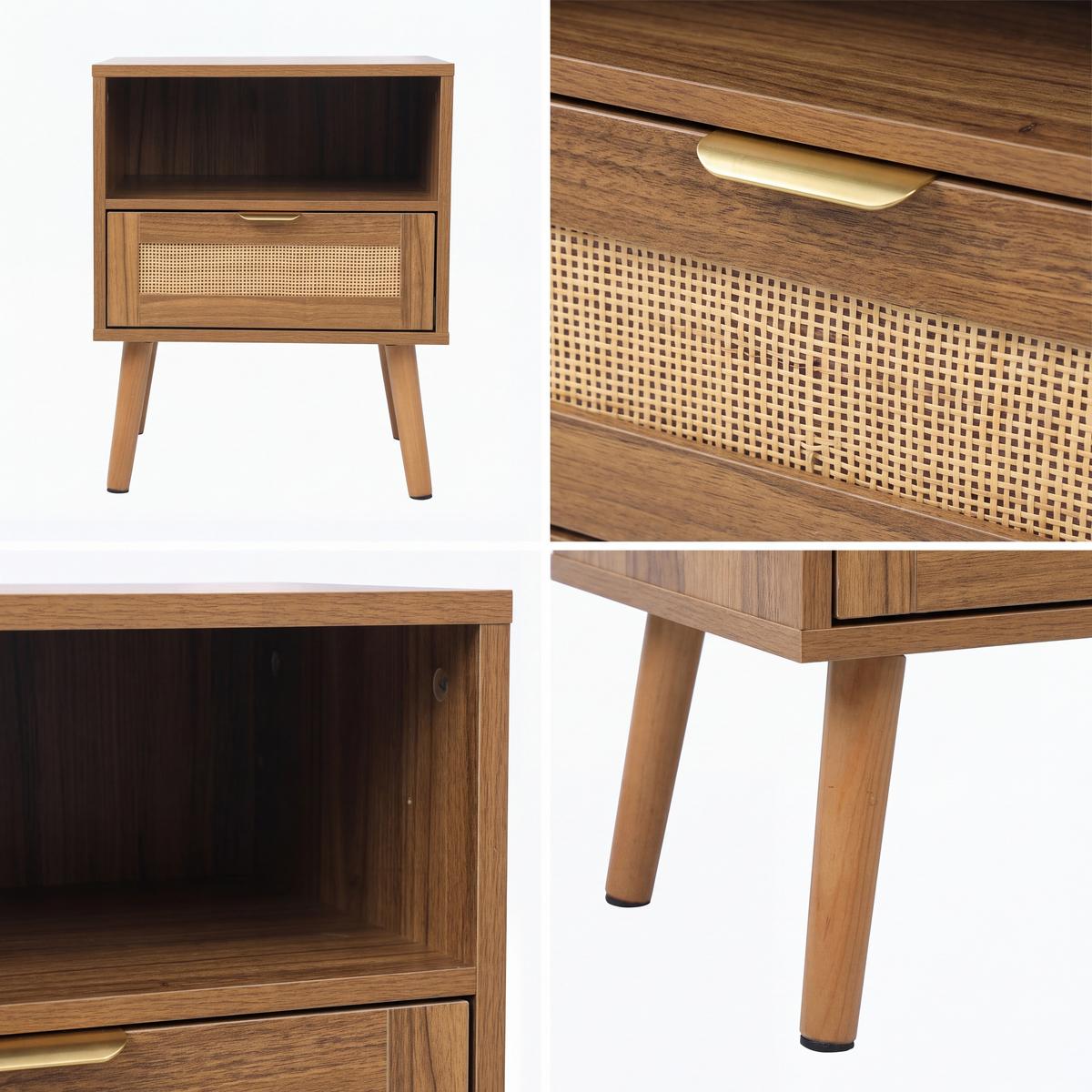 NACHTTISCH Rattan Walnussoptik Boho Mid-Century mit 1 Schublade & Regal - Walnussfarben, Holzwerkstoff (45/55/40cm) - Urban Meuble