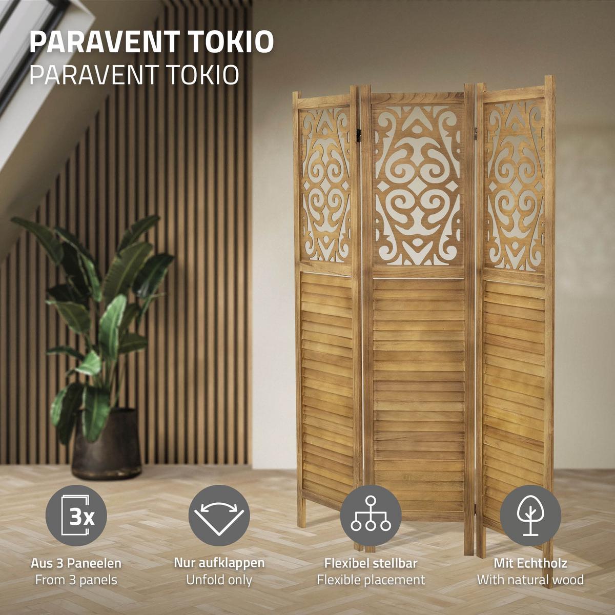 PARAVENT 3 teilig Tokio 170x121 cm Naturaus Holz - Braun, Holz (121/170/2cm) - ML-DESIGN