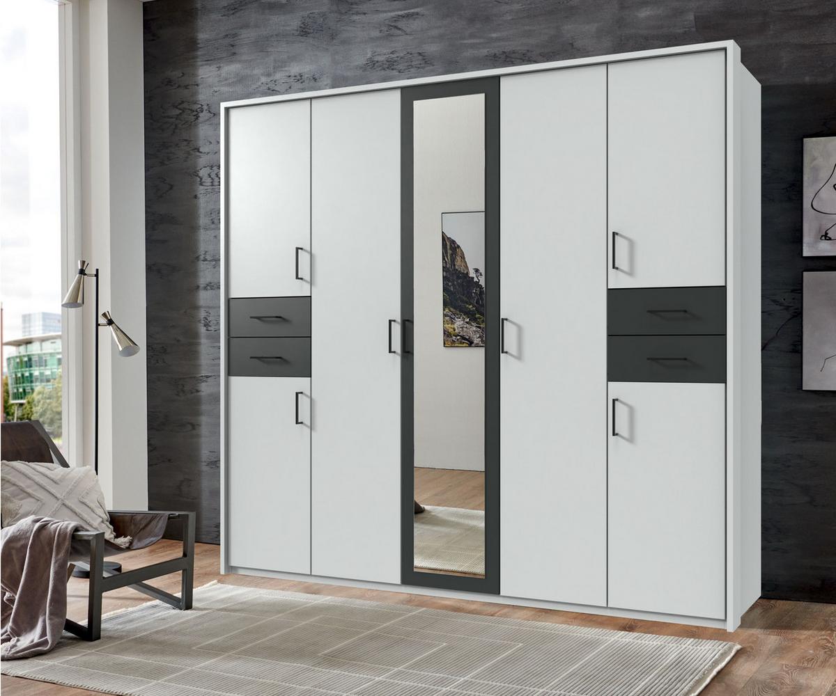DREHTÜRENSCHRANK B228/H210/T58 cm in Weiß mit Absetzungen in Grafit, Kleiderschrank mit Passepartout&1 Spiegeltür&Schubkästen, Griffe schwarz / 22572 - Graphitfarben/Schwarz, Holzwerkstoff/Kunststoff (228/210/58cm) - luma-home