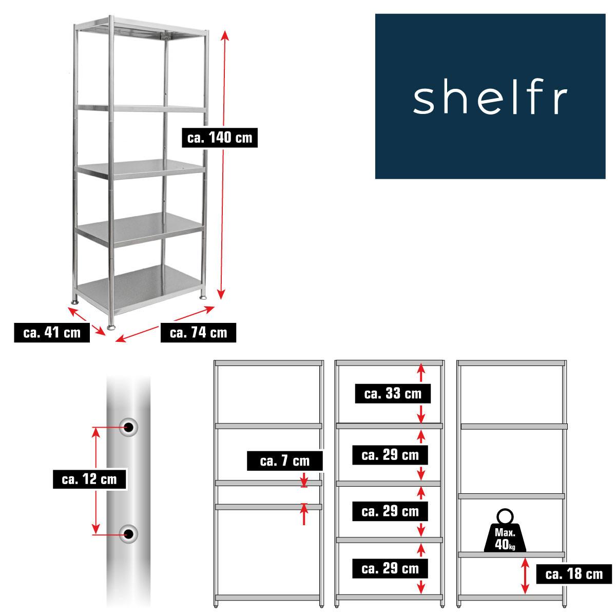 EDELSTAHL-REGAL 74x41x140 bis 200kg inkl. 5 Ebenen - Grau, Metall (41/140/74cm) - shelfr