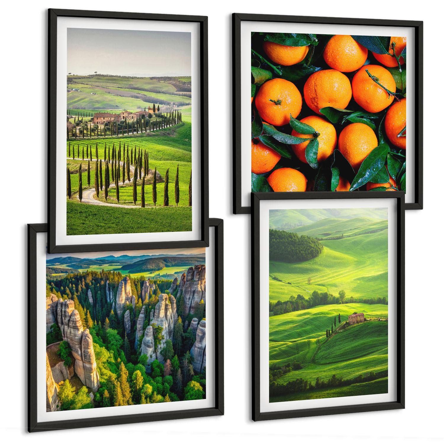 BILDER SET 4er Set - 50x50 cm & 40x60 cm Schwarzer Rahmen - Italienische Landschaft Orangen Natur - Schwarz, Kunststoff (50/50cm) - TULUP