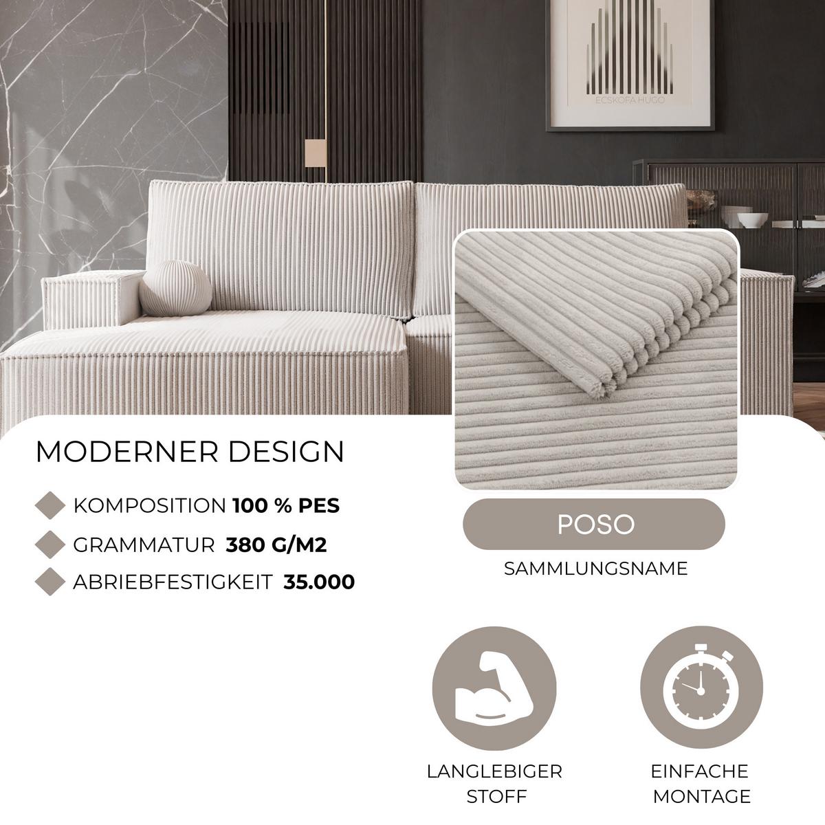 ECKSOFA HUGO Rechts, mit Schlaffunktion und Bettkasten, Creme - Creme, Textil (255/148cm) - Idohome