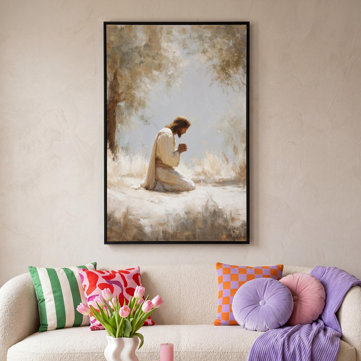 LEINWAND Bilder mit Rahmen - Jesus - Kniend - Waldlandschaft - Betend - 90x140 - Beige, Textil (90/140cm) - MuchoWow
