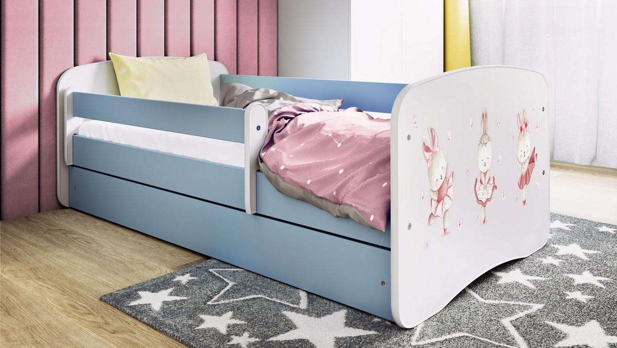 KINDERBETT Kaninchen mit Schmetterlingen mit Schublade und Matratze 140/70 - Blau, Holzwerkstoff (70/140cm) - RAUMHIRSCH FURNITURE