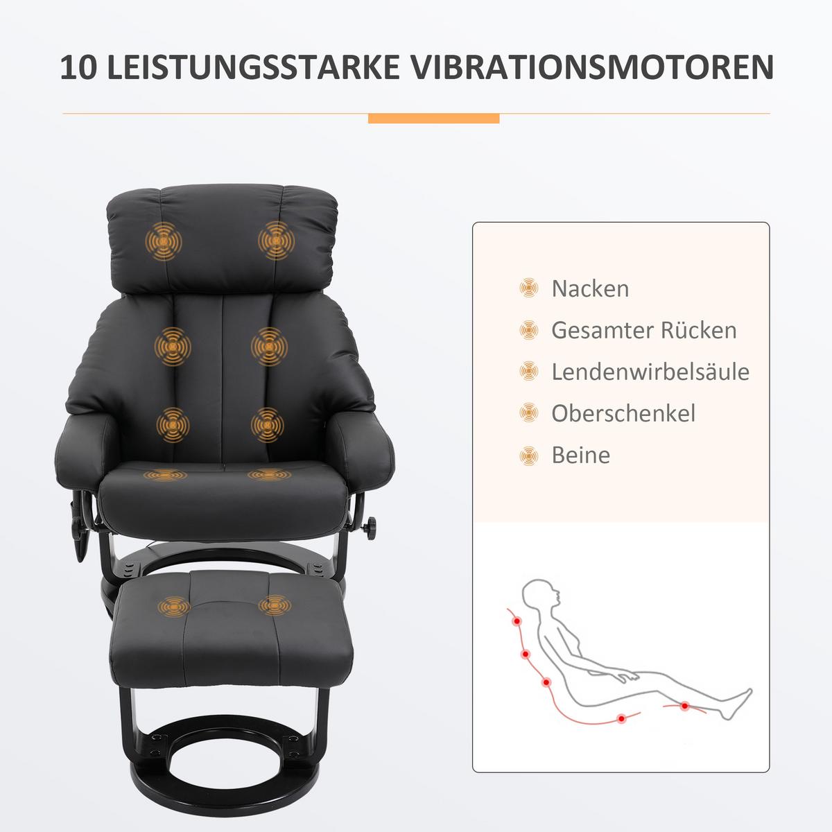 RELAXSESSEL mit Liegefunktion Massagesessel inkl. Hocker Fernsehsessel drehbar - Schwarz, Leder/Kunststoff (80/102/76cm) - HOMCOM